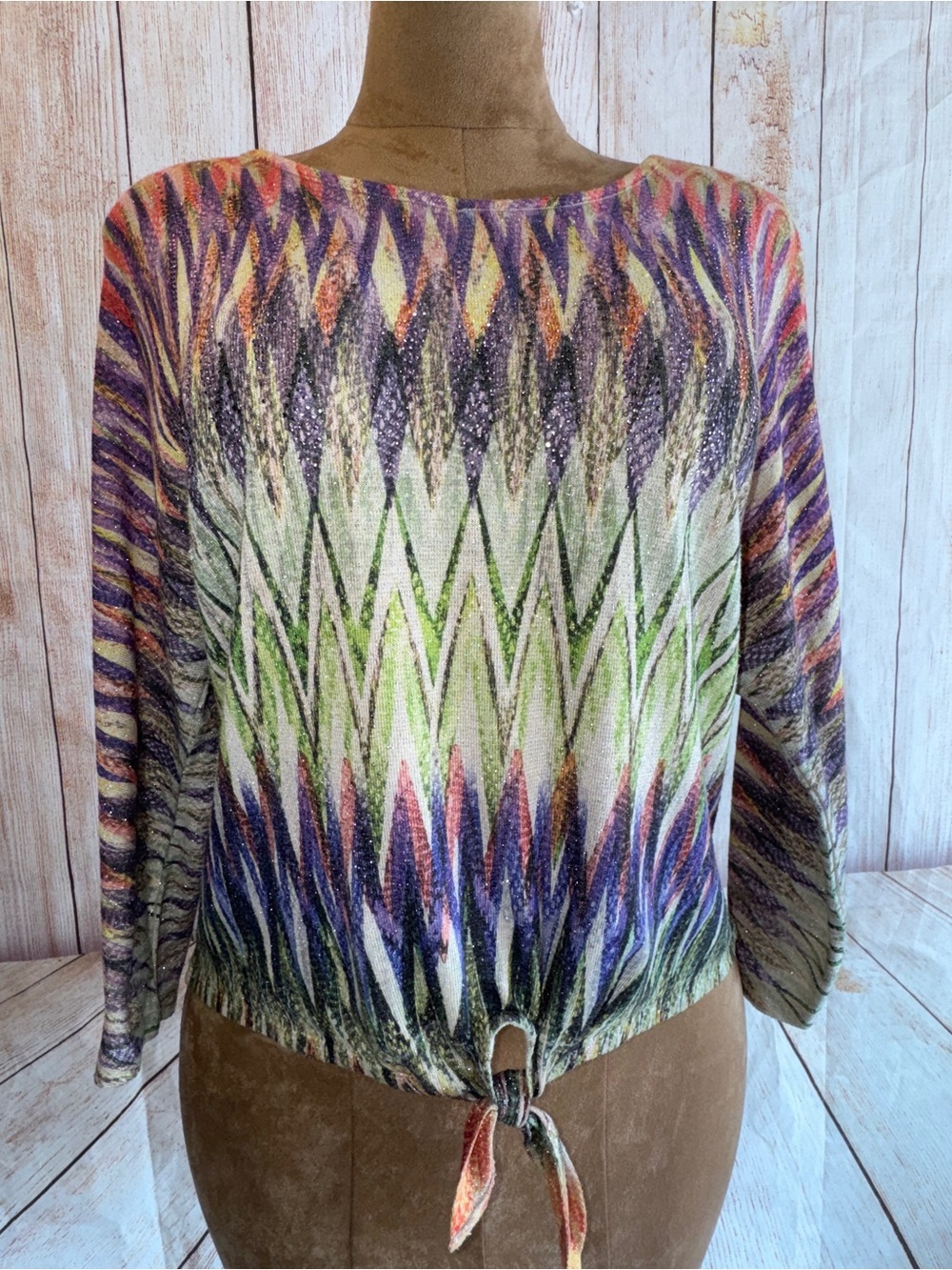Chico's Multicolor Geometric Tie-Front Knit Top, shimmery w/ beads Sz 2 or L/12​